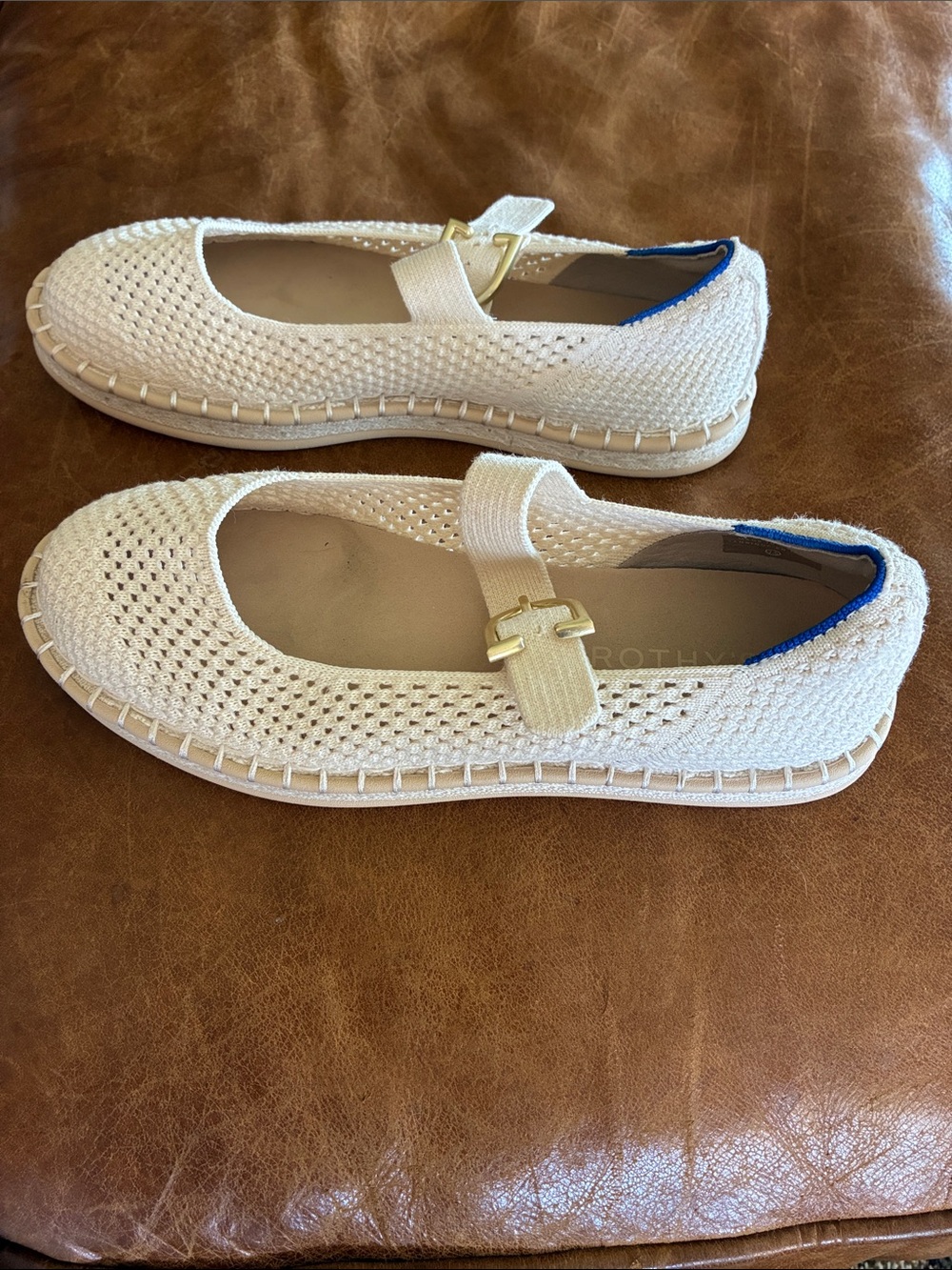 Rothy's Cream Knit Mary Jane Espadrille Flats with Gold Buckle - Picture 3 of 8